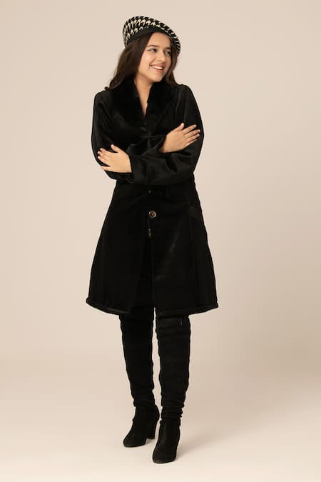 Hoity Moppet Black Suede Velvet Coat Dress Online at Aza Fashions Hoity Moppet_Black Suede Velvet Coat Dress _Online_at_Aza_Fashions