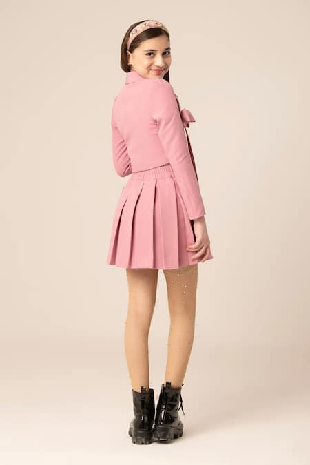 Shop Hoity Moppet Pink Crepe Bows Embellished Blazer Crop Top And Skirt Set at Aza Fashions Shop_Hoity Moppet_Pink Crepe Bows Embellished Blazer Crop Top And Skirt Set _at_Aza_Fashions
