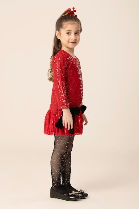 Shop Hoity Moppet Red Silk Bows Sequin Embellished Dress at Aza Fashions Shop_Hoity Moppet_Red Silk Bows Sequin Embellished Dress _at_Aza_Fashions