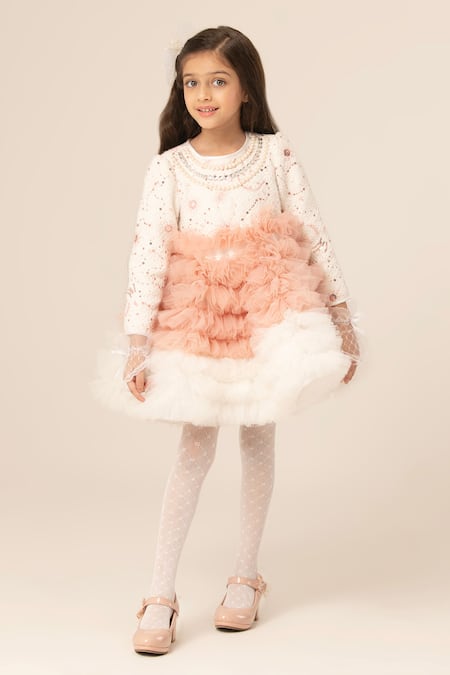 Hoity Moppet Pearl & Stone Embellished Ruffled Tulle Dress 