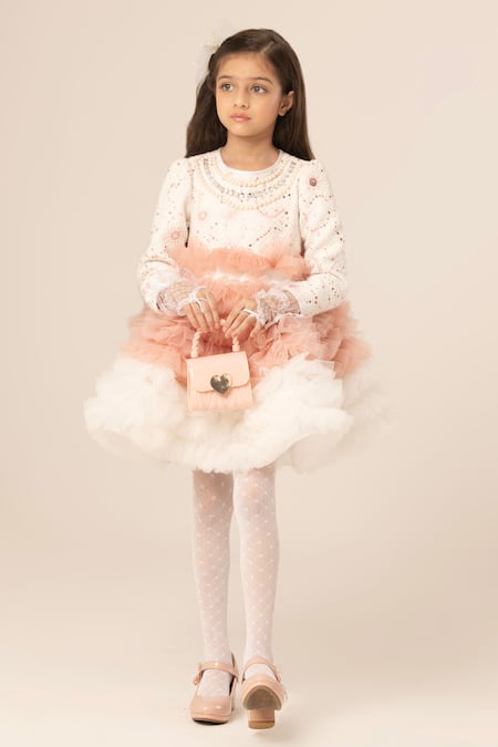 Hoity Moppet White Tulle, Tweed Pearls, Stones And Embellished Dress Online at Aza Fashions Hoity Moppet_White Tulle, Tweed Pearls, Stones And Embellished Dress _Online_at_Aza_Fashions