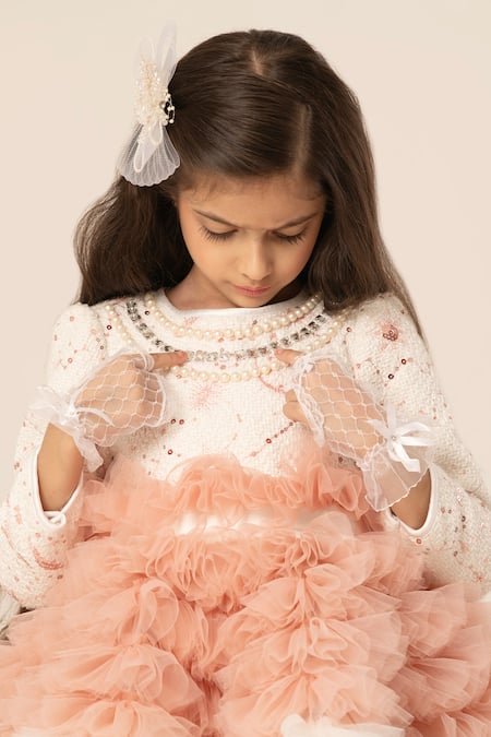 Shop Hoity Moppet White Tulle, Tweed Pearls, Stones And Embellished Dress Online at Aza Fashions Shop_Hoity Moppet_White Tulle, Tweed Pearls, Stones And Embellished Dress _Online_at_Aza_Fashions
