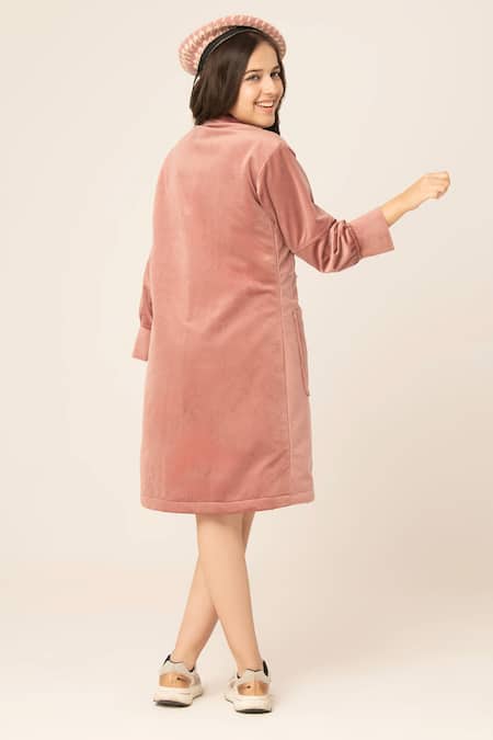 Shop Hoity Moppet Pink Suede Bows Embellished Coat Dress at Aza Fashions Shop_Hoity Moppet_Pink Suede Bows Embellished Coat Dress _at_Aza_Fashions