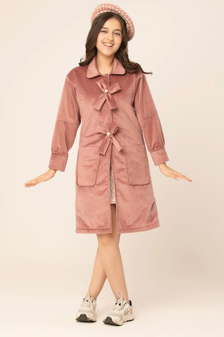 Hoity Moppet Pink Suede Bows Embellished Coat Dress at Aza Fashions Hoity Moppet_Pink Suede Bows Embellished Coat Dress _at_Aza_Fashions