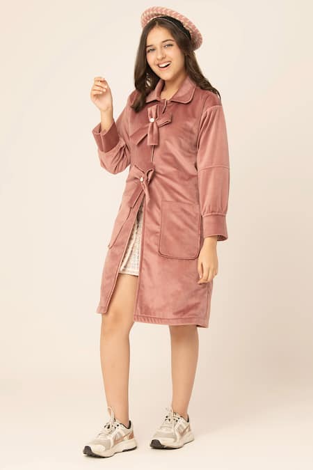 Buy Hoity Moppet Pink Suede Bows Embellished Coat Dress Buy_Hoity Moppet_Pink Suede Bows Embellished Coat Dress