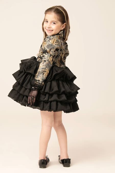 Shop Hoity Moppet Black Jacquard, Organza Bows And Gold Ruffled Designer Dress at Aza Fashions Shop_Hoity Moppet_Black Jacquard, Organza Bows And Gold Ruffled Designer Dress _at_Aza_Fashions