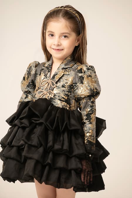 Shop Hoity Moppet Black Jacquard, Organza Bows And Gold Ruffled Designer Dress Online at Aza Fashions Shop_Hoity Moppet_Black Jacquard, Organza Bows And Gold Ruffled Designer Dress _Online_at_Aza_Fashions
