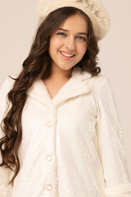 Hoity Moppet White Velvet Fur Detail Coat Dress Online at Aza Fashions Hoity Moppet_White Velvet Fur Detail Coat Dress _Online_at_Aza_Fashions