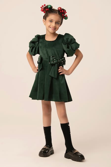Hoity Moppet_Green Velvet Bows Luxe Dress _Online_at_Aza_Fashions