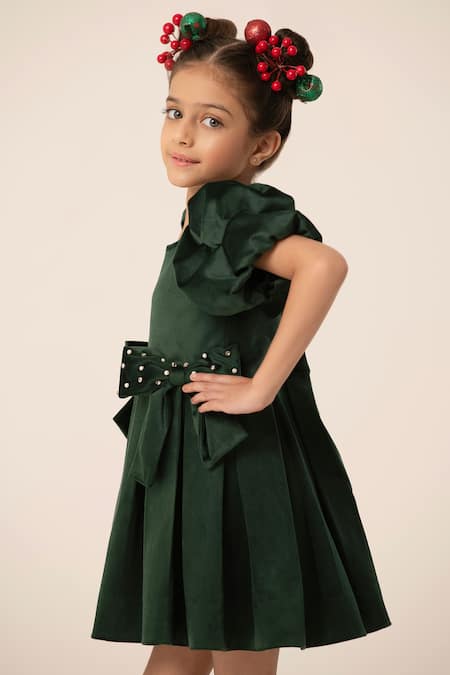 Buy_Hoity Moppet_Green Velvet Bows Luxe Dress _Online_at_Aza_Fashions
