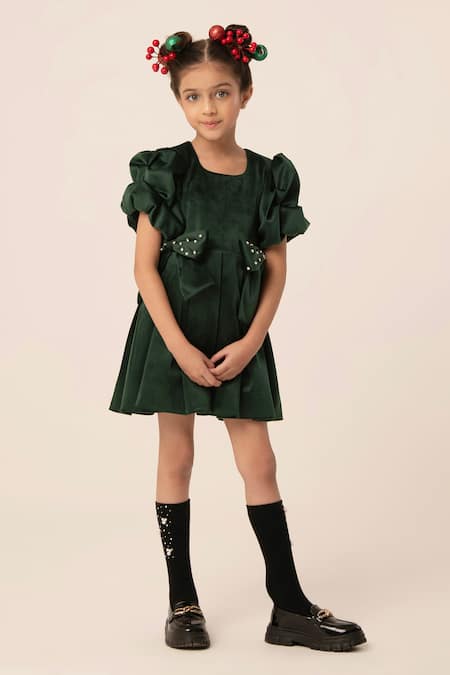 Shop_Hoity Moppet_Green Velvet Bows Luxe Dress _Online_at_Aza_Fashions