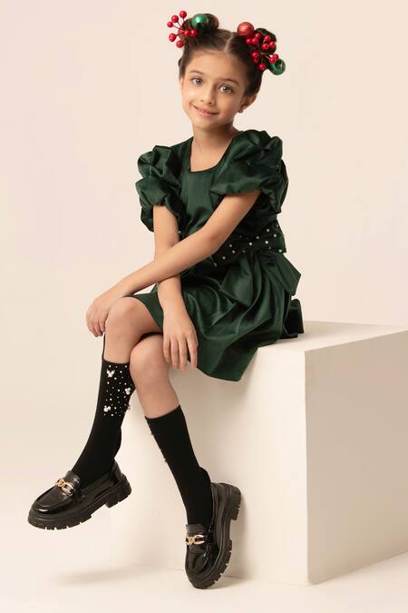 Hoity Moppet_Green Velvet Bows Luxe Dress _at_Aza_Fashions