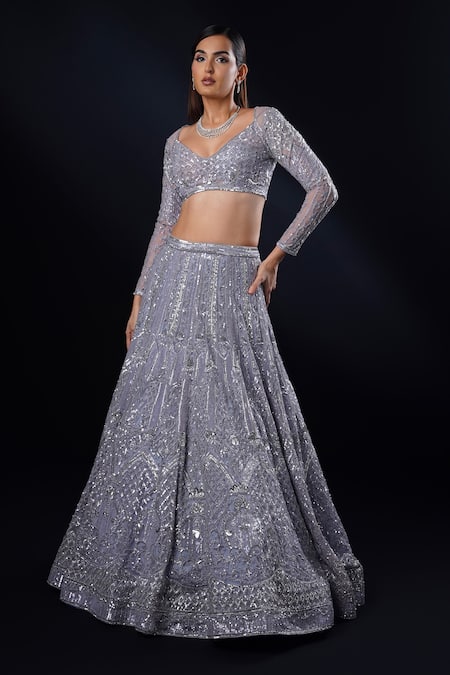 Ronak And Shruti_Blue Net Sequins, Crystals, Pearls, Sapphire Aztec Bloom Embroidered Lehenga Set _at_Aza_Fashions