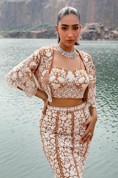 Buy Label Moni K Gold Organza Pearls, Beads, Cut Work, Embroidery Floral Jacket Lehenga Set Online at Aza Fashions Buy_Label Moni K_Gold Organza Pearls, Beads, Cut Work, Embroidery Floral Jacket Lehenga Set _Online_at_Aza_Fashions