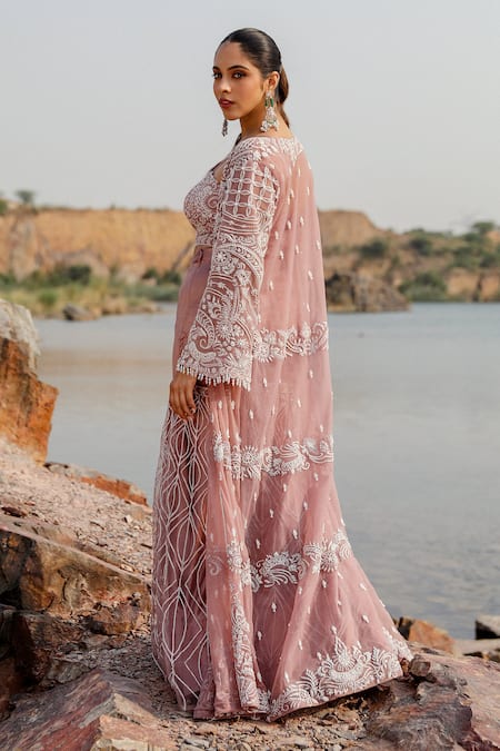 Shop Label Moni K Purple Organza Tassels, Beads, Crystals Embellished Longline Jacket Gharara Set at Aza Fashions Shop_Label Moni K_Purple Organza Tassels, Beads, Crystals Embellished Longline Jacket Gharara Set _at_Aza_Fashions