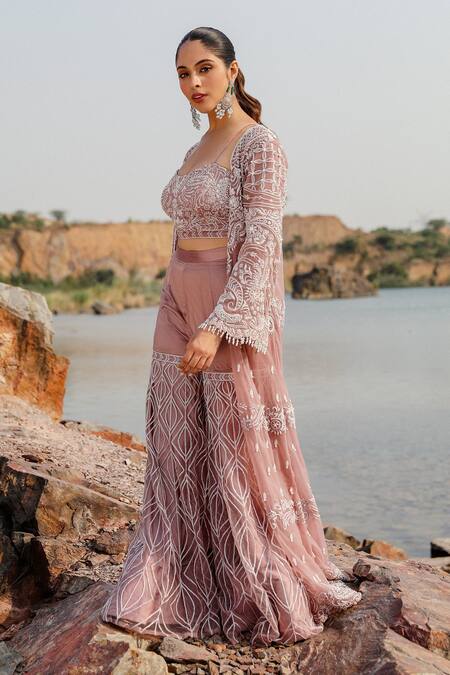 Label Moni K Purple Organza Tassels, Beads, Crystals Embellished Longline Jacket Gharara Set Online at Aza Fashions Label Moni K_Purple Organza Tassels, Beads, Crystals Embellished Longline Jacket Gharara Set _Online_at_Aza_Fashions