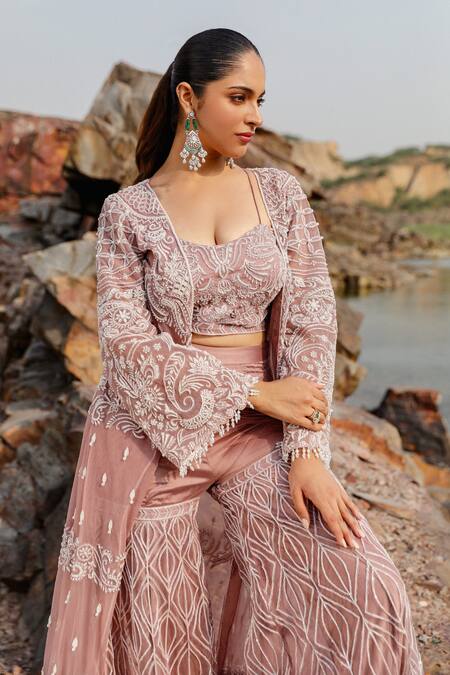 Buy Label Moni K Purple Organza Tassels, Beads, Crystals Embellished Longline Jacket Gharara Set Online at Aza Fashions Buy_Label Moni K_Purple Organza Tassels, Beads, Crystals Embellished Longline Jacket Gharara Set _Online_at_Aza_Fashions