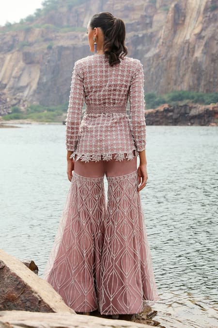 Shop Label Moni K Mauve Organza Beads, Crystals V-neck Embellished Jacket And Gharara Set at Aza Fashions Shop_Label Moni K_Mauve Organza Beads, Crystals V-neck Embellished Jacket And Gharara Set _at_Aza_Fashions