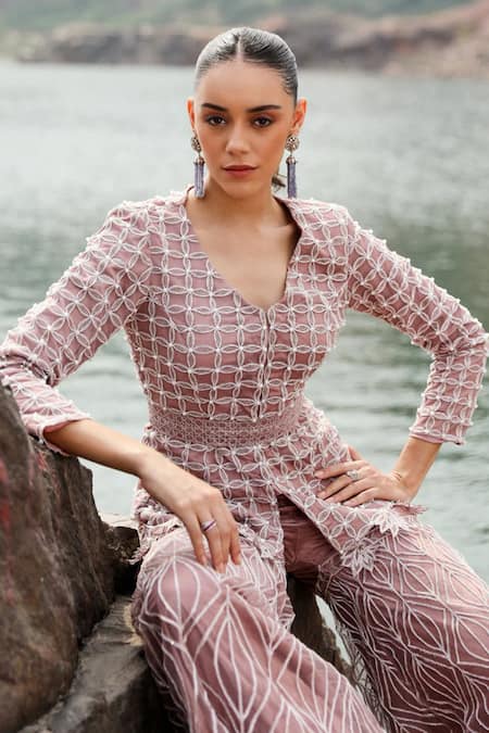Label Moni K Mauve Organza Beads, Crystals V-neck Embellished Jacket And Gharara Set Online at Aza Fashions Label Moni K_Mauve Organza Beads, Crystals V-neck Embellished Jacket And Gharara Set _Online_at_Aza_Fashions