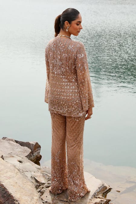 Shop Label Moni K Gold Net Crystals, Sequins, Beads Scoop Neck, Open Embroidered Jacket Pant Set at Aza Fashions Shop_Label Moni K_Gold Net Crystals, Sequins, Beads Scoop Neck, Open Embroidered Jacket Pant Set _at_Aza_Fashions