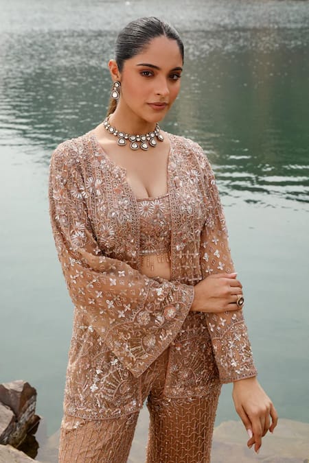 Label Moni K Gold Net Crystals, Sequins, Beads Scoop Neck, Open Embroidered Jacket Pant Set Online at Aza Fashions Label Moni K_Gold Net Crystals, Sequins, Beads Scoop Neck, Open Embroidered Jacket Pant Set _Online_at_Aza_Fashions