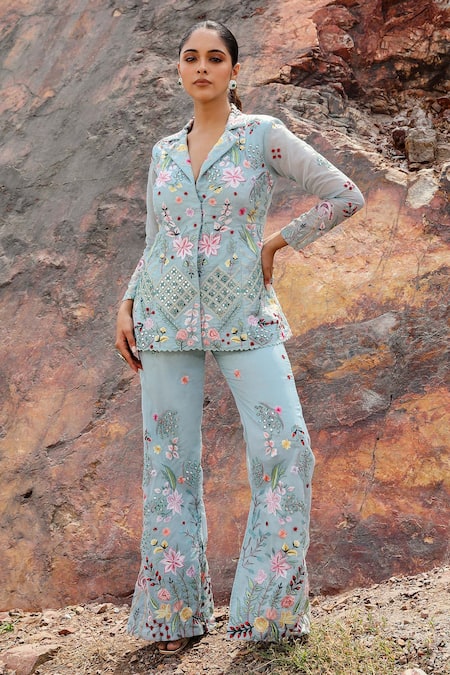 Label Moni K Flamingo Mirror Embroidered Cape & Pant Set 