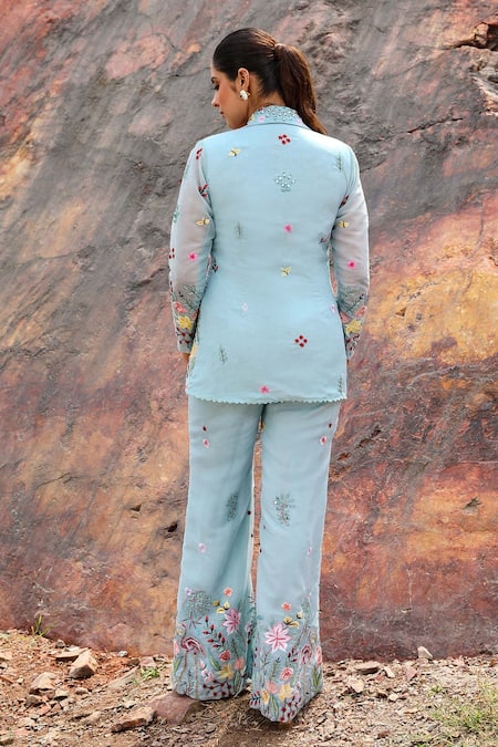 Label Moni K Blue Organza Mirrors, Embroidery Flamingo Cape And Pant Set Online at Aza Fashions Label Moni K_Blue Organza Mirrors, Embroidery Flamingo Cape And Pant Set _Online_at_Aza_Fashions