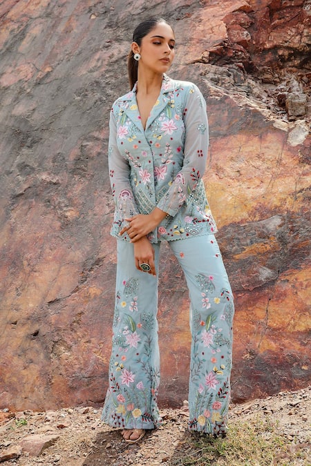 Shop Label Moni K Blue Organza Mirrors, Embroidery Flamingo Cape And Pant Set Online at Aza Fashions Shop_Label Moni K_Blue Organza Mirrors, Embroidery Flamingo Cape And Pant Set _Online_at_Aza_Fashions