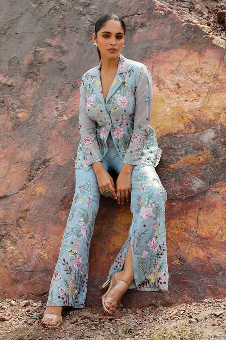 Label Moni K Blue Organza Mirrors, Embroidery Flamingo Cape And Pant Set at Aza Fashions Label Moni K_Blue Organza Mirrors, Embroidery Flamingo Cape And Pant Set _at_Aza_Fashions