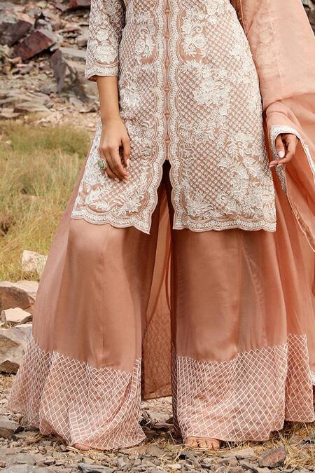 Label Moni K Beige Organza Cut Work, Sequins Champagne Floral Embroidered Kurta Sharara Set Online at Aza Fashions Label Moni K_Beige Organza Cut Work, Sequins Champagne Floral Embroidered Kurta Sharara Set _Online_at_Aza_Fashions