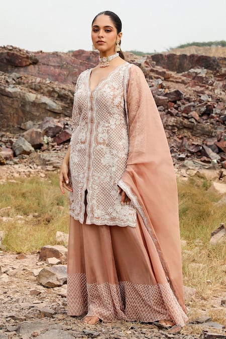 Buy Label Moni K Beige Organza Cut Work, Sequins Champagne Floral Embroidered Kurta Sharara Set Online at Aza Fashions Buy_Label Moni K_Beige Organza Cut Work, Sequins Champagne Floral Embroidered Kurta Sharara Set _Online_at_Aza_Fashions