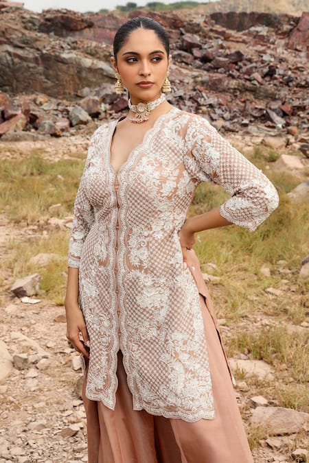 Shop Label Moni K Beige Organza Cut Work, Sequins Champagne Floral Embroidered Kurta Sharara Set Online at Aza Fashions Shop_Label Moni K_Beige Organza Cut Work, Sequins Champagne Floral Embroidered Kurta Sharara Set _Online_at_Aza_Fashions