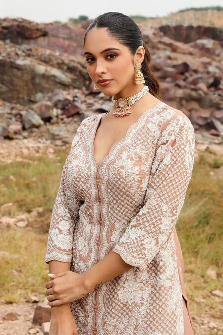 Label Moni K Beige Organza Cut Work, Sequins Champagne Floral Embroidered Kurta Sharara Set at Aza Fashions Label Moni K_Beige Organza Cut Work, Sequins Champagne Floral Embroidered Kurta Sharara Set _at_Aza_Fashions