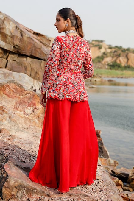 Shop Label Moni K Red Organza Embroidery V-neck Floral Resham Peplum Top And Sharara at Aza Fashions Shop_Label Moni K_Red Organza Embroidery V-neck Floral Resham Peplum Top And Sharara _at_Aza_Fashions