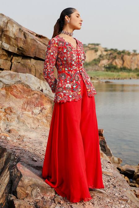 Label Moni K Red Organza Embroidery V-neck Floral Resham Peplum Top And Sharara Online at Aza Fashions Label Moni K_Red Organza Embroidery V-neck Floral Resham Peplum Top And Sharara _Online_at_Aza_Fashions