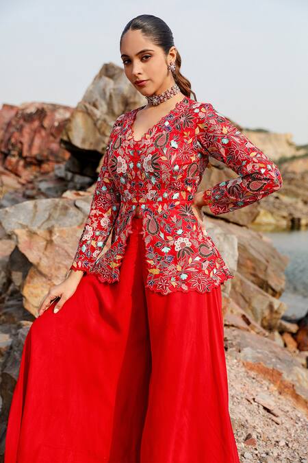 Buy Label Moni K Red Organza Embroidery V-neck Floral Resham Peplum Top And Sharara Online at Aza Fashions Buy_Label Moni K_Red Organza Embroidery V-neck Floral Resham Peplum Top And Sharara _Online_at_Aza_Fashions
