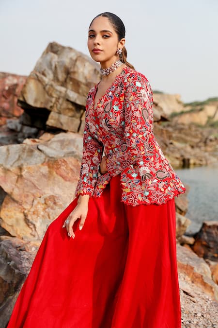 Shop Label Moni K Red Organza Embroidery V-neck Floral Resham Peplum Top And Sharara Online at Aza Fashions Shop_Label Moni K_Red Organza Embroidery V-neck Floral Resham Peplum Top And Sharara _Online_at_Aza_Fashions