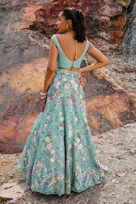 Label Moni K_Beige Organza Embroidery, Mirrors, Beads V-neck Floral Green Lehenga Set _Online_at_Aza_Fashions