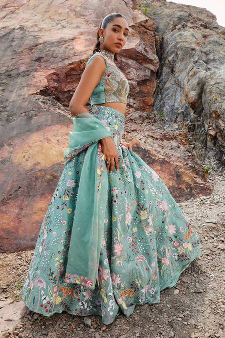 Buy_Label Moni K_Beige Organza Embroidery, Mirrors, Beads V-neck Floral Green Lehenga Set _Online_at_Aza_Fashions