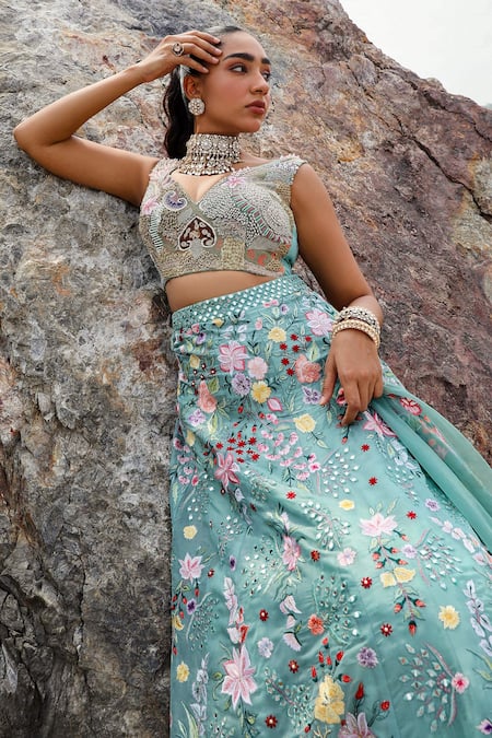 Shop_Label Moni K_Beige Organza Embroidery, Mirrors, Beads V-neck Floral Green Lehenga Set _Online_at_Aza_Fashions