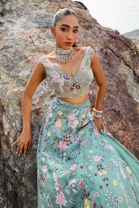 Label Moni K_Beige Organza Embroidery, Mirrors, Beads V-neck Floral Green Lehenga Set _at_Aza_Fashions