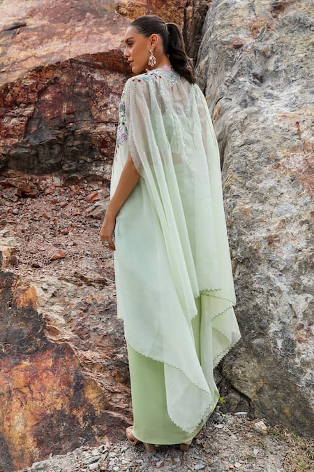 Label Moni K Green Organza, Satin Crystals, Beads, Flamingo Embroidered Cape Dhoti Skirt Set Online at Aza Fashions Label Moni K_Green Organza, Satin Crystals, Beads, Flamingo Embroidered Cape Dhoti Skirt Set _Online_at_Aza_Fashions