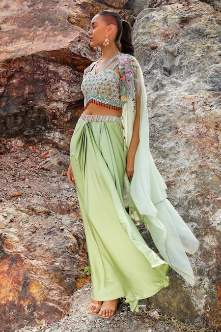 Buy Label Moni K Green Organza, Satin Crystals, Beads, Flamingo Embroidered Cape Dhoti Skirt Set Online at Aza Fashions Buy_Label Moni K_Green Organza, Satin Crystals, Beads, Flamingo Embroidered Cape Dhoti Skirt Set _Online_at_Aza_Fashions