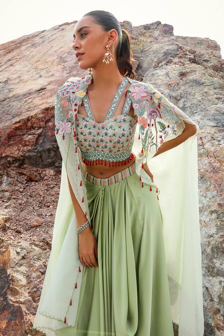 Shop Label Moni K Green Organza, Satin Crystals, Beads, Flamingo Embroidered Cape Dhoti Skirt Set Online at Aza Fashions Shop_Label Moni K_Green Organza, Satin Crystals, Beads, Flamingo Embroidered Cape Dhoti Skirt Set _Online_at_Aza_Fashions