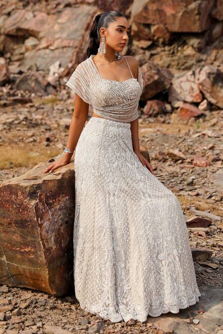 Label Moni K Beige Silk Beads, Sequins, Cut Work Sweetheart Embroidered Bustier And Lehenga Set Online at Aza Fashions Label Moni K_Beige Silk Beads, Sequins, Cut Work Sweetheart Embroidered Bustier And Lehenga Set _Online_at_Aza_Fashions