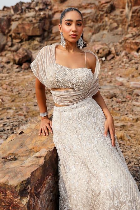 Shop Label Moni K Beige Silk Beads, Sequins, Cut Work Sweetheart Embroidered Bustier And Lehenga Set Online at Aza Fashions Shop_Label Moni K_Beige Silk Beads, Sequins, Cut Work Sweetheart Embroidered Bustier And Lehenga Set _Online_at_Aza_Fashions