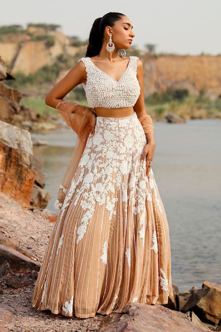 Buy_Label Moni K_Gold Silk, Chiffon Pearls, Sequins, Cut Champagne Floral Patchwork Lehenga Set _Online_at_Aza_Fashions
