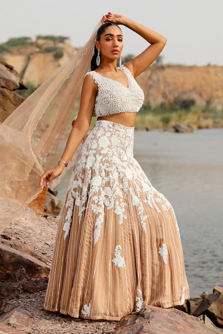 Shop_Label Moni K_Gold Silk, Chiffon Pearls, Sequins, Cut Champagne Floral Patchwork Lehenga Set _Online_at_Aza_Fashions