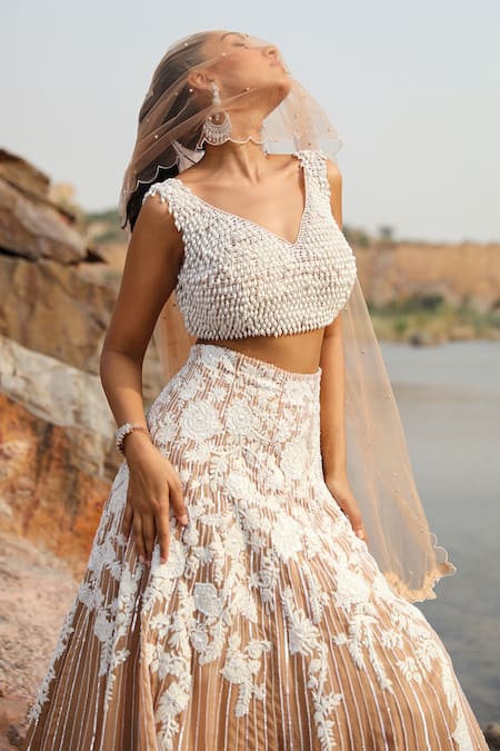 Buy_Label Moni K_Gold Silk, Chiffon Pearls, Sequins, Cut Champagne Floral Patchwork Lehenga Set 