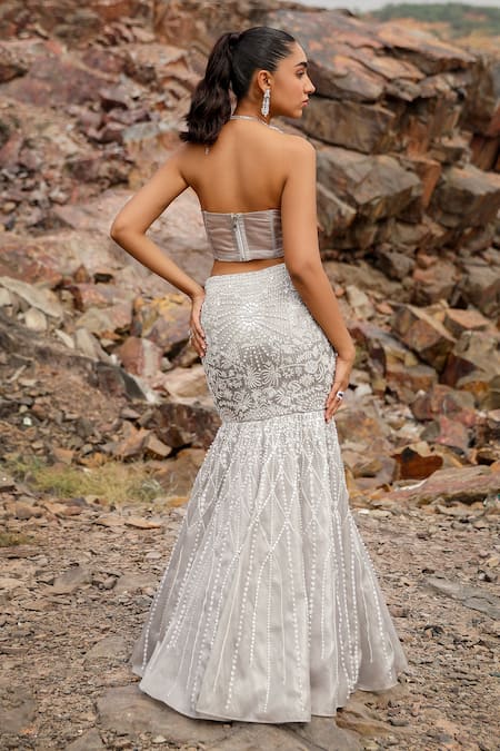 Label Moni K_Gray Satin, Organza Sequins, Floral Embroidered Fishcut Lehenga And Corset Blouse _Online_at_Aza_Fashions